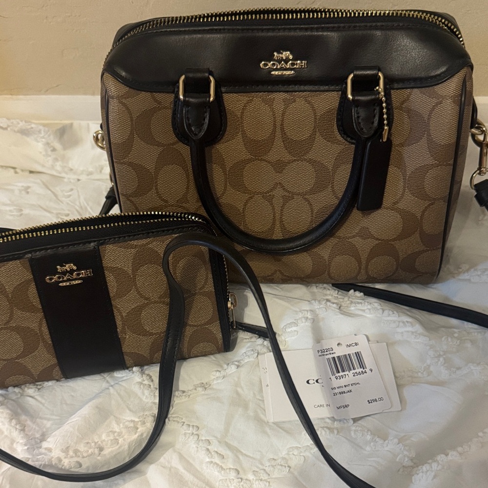 Coach Tan and Black Signature Satchel Set